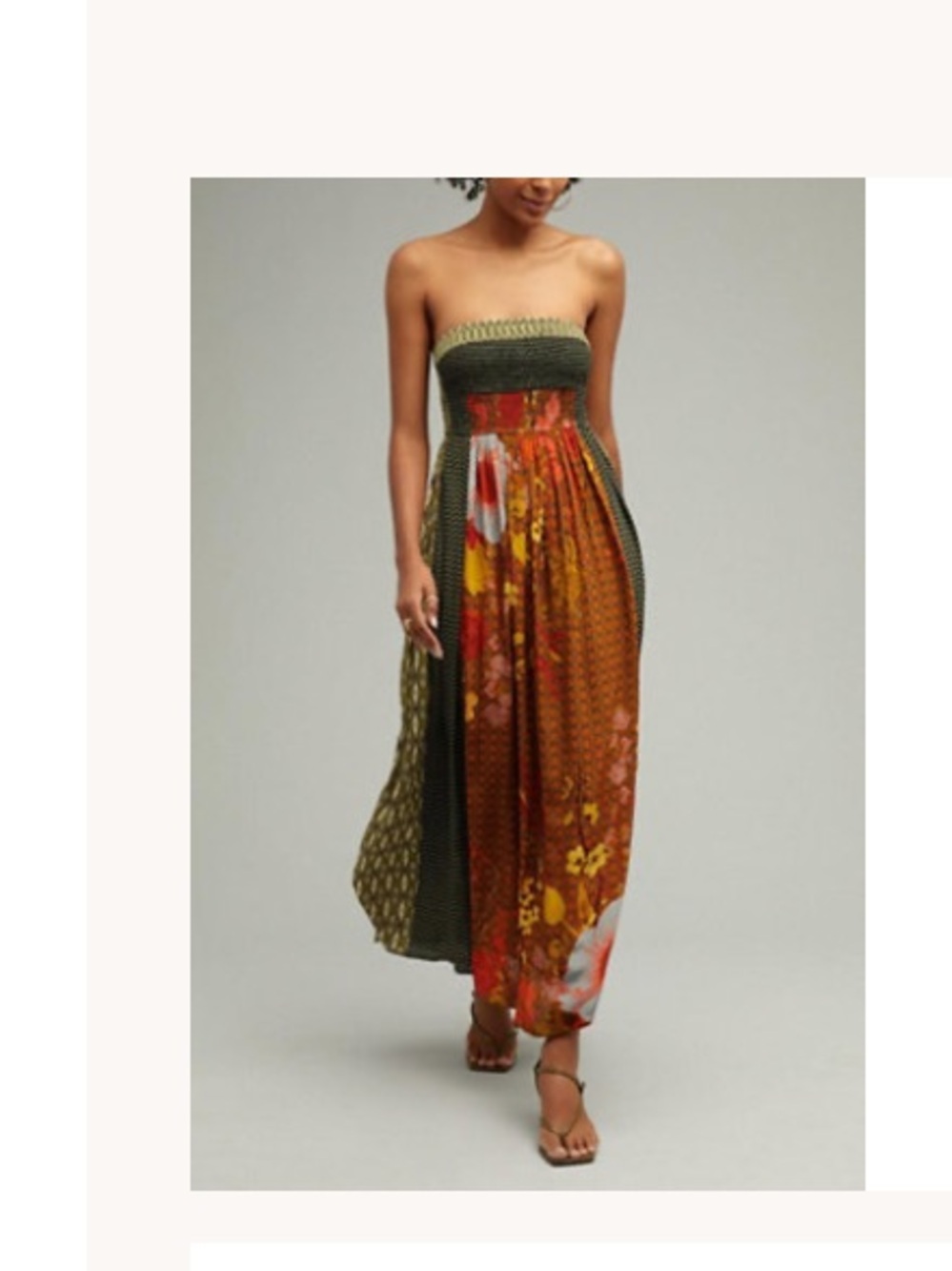 Strapless Floral Patchwork Maxi Dress in Olive and Rust